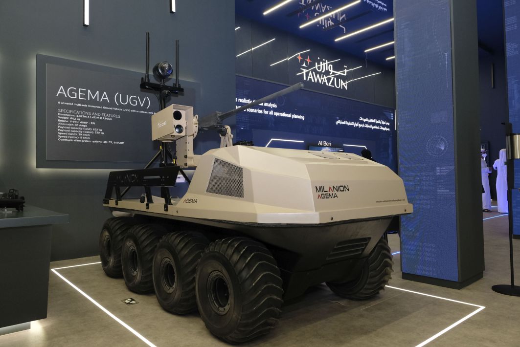 The Agema fitted with the EOS R150 ultra-light ROWS on display at IDEX. (Milanion Group)