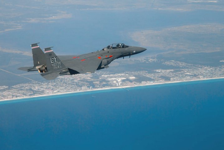 An EPAWSS-equipped F-15 Eagle making its initial flight in April 2019. (Boeing )