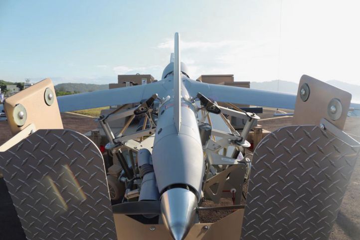 A ScanEagle UAV being displayed on its pneumatic launcher at the inauguration ceremony of Malaysia’s 601 Squadron on 4 March 2021.  (Royal Malaysian Navy)