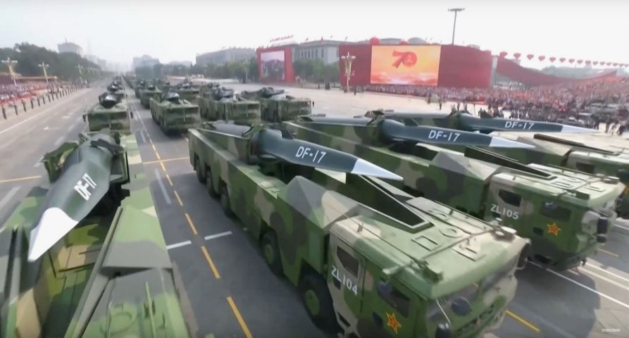 Chinese DF-17 ballistic missiles during a military parade held in Beijing on 1 October 2019. USINDOPACOM chief Adm Philip Davidson said on 9 March that the military balance in the Indo-Pacific region is “becoming more unfavourable to the United States”. (Via CGTN video footage)