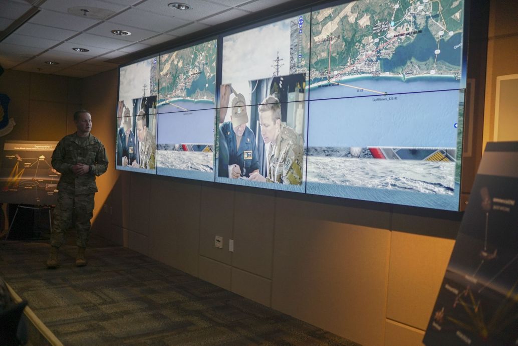 A USAF officer briefs senior leaders on the first ABMS demonstration in December 2019 at Eglin Air Force Base, Florida. (US Air Force )