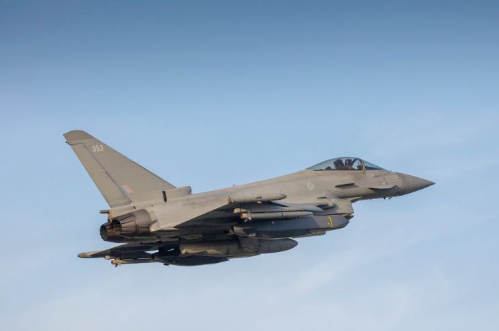 An RAF Typhoon carrying a pair of Storm Shadows on what was the aircraft’s first operational use of the long-range cruise missile. (UK Crown Copyright)