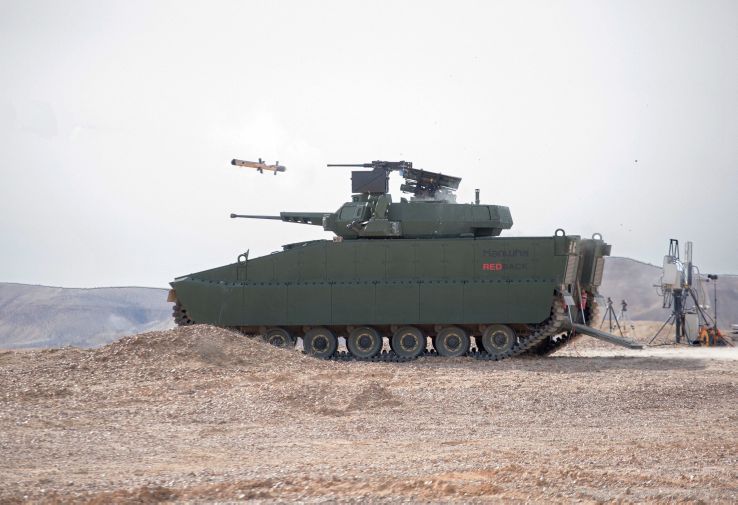 Hanwha Defense Australia’s Redback IFV test-firing a Rafael Advanced Defense Systems Spike LR2 ATGM in February 2021. (Hanwha Defense Australia)