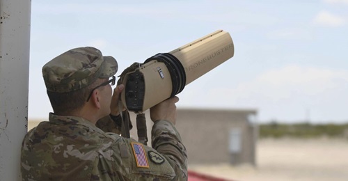 A US Army soldier tests a counter unmanned aerial system (CUAS) device at McGregor Range Complex, New Mexico.