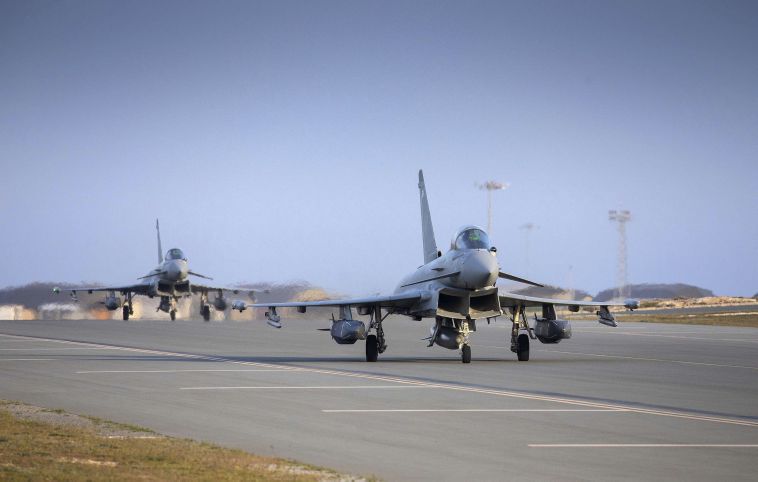 RAF Typhoons loaded with Storm Shadow cruise missiles take off from RAF Akrotiri in Cyprus to carry out a strike against Islamic State cave complexes in northern Iraq on 10 March. (Crown Copyright)