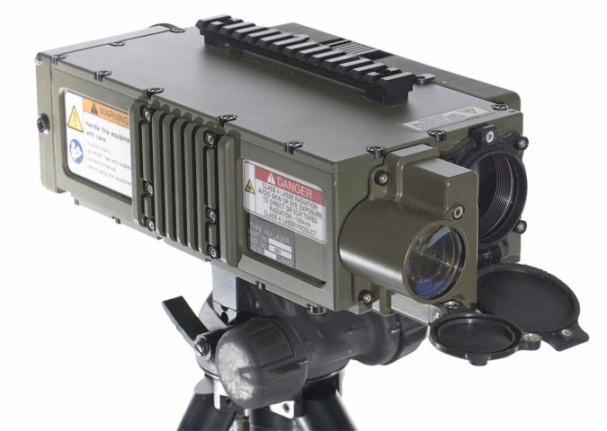 The Leonardo Type 163 laser target designator (front view), mounted on a tripod. (Leonardo)