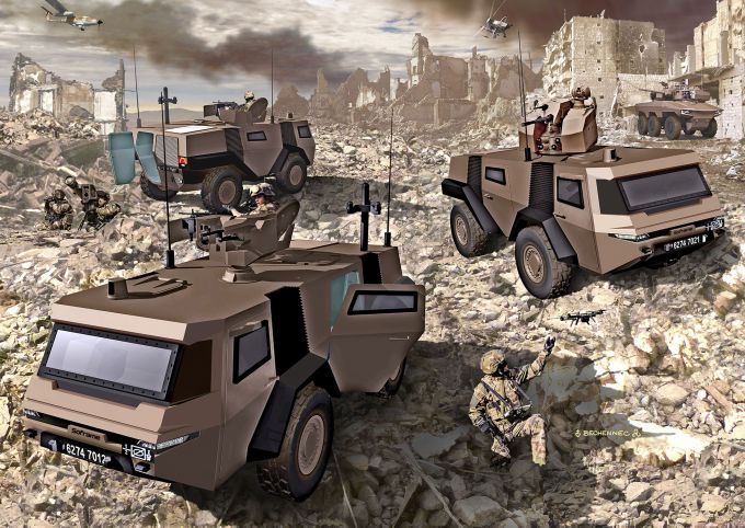 An artistic rendering of the MOSAIC 4×4 reconnaissance vehicle with various weapon systems. (Soframe)