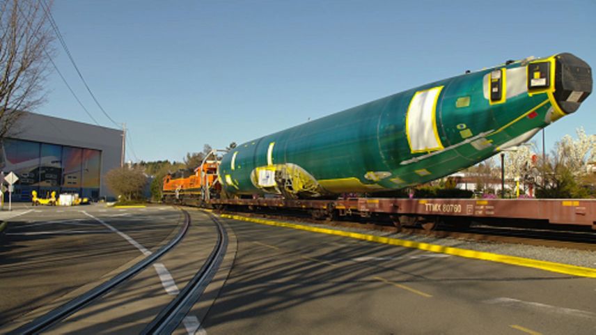 The 737-800 fuselage built by Spirit Aerosystems in Wichita, Kansas, arrived by rail at Boeing’s Renton plant on 12 April. It will be mated to 737-900 wings and other flight systems on Boeing Commercial Airplanes’ 737 production line, ahead of delivery to Boeing’s Defense, Space & Security at nearby Puget Sound for the installation of military systems, testing, and customer handover. (Boeing)