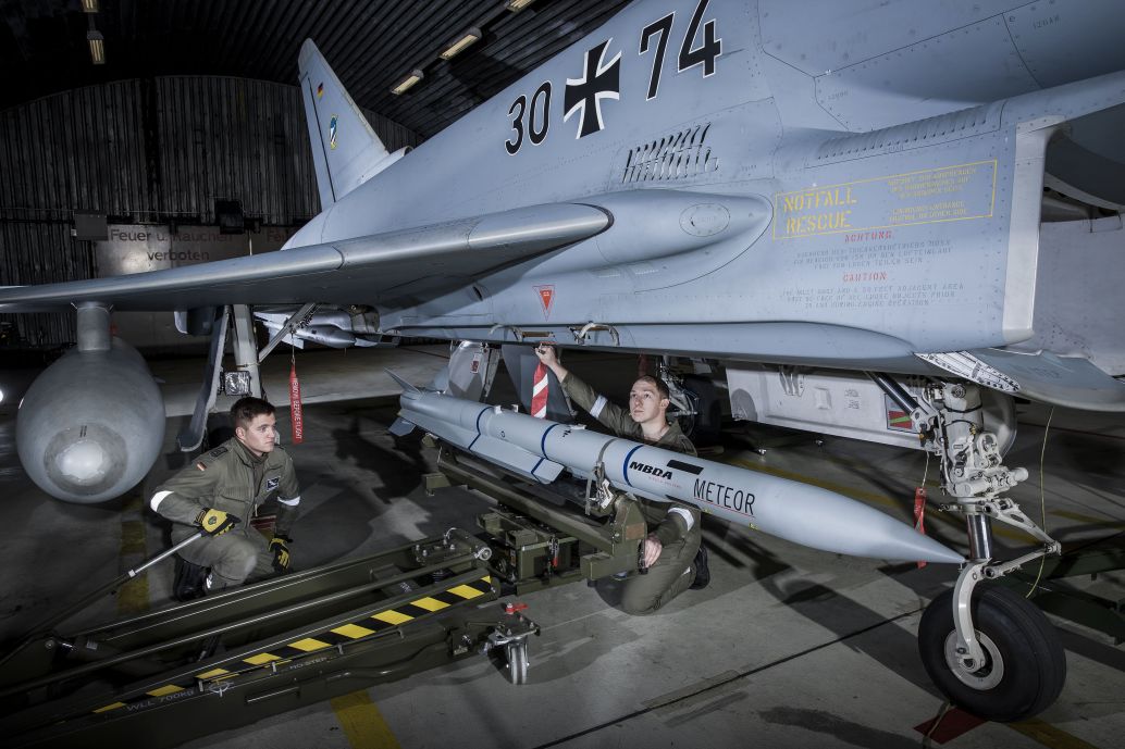 Luftwaffe ground crew load a Meteor BVRAAM aboard a Eurofighter combat aircraft. The service has now begun fielding the missile with the introduction of the P2Eb software on the aircraft. (MBDA)