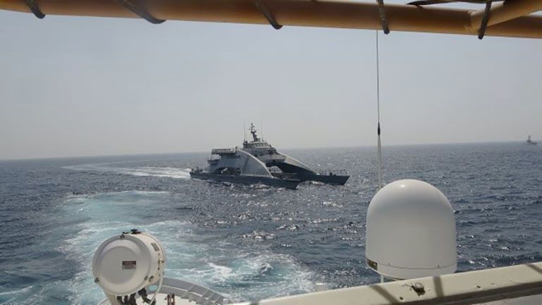 
        The IRGCN’s fast transport ship 
        Shahed Nezari
         cuts across the bow of a US Coast Guard Cutter 
        Wrangell
         on 2 April.
       (US 5th Fleet)