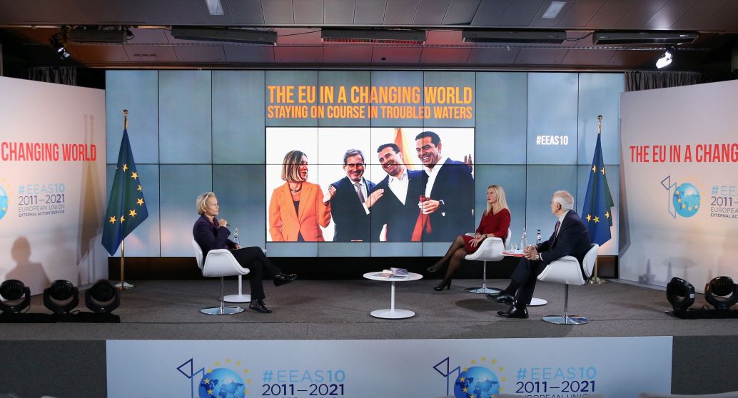 High Representative of EU for Foreign Affairs and Security Policy Josep Borrell (far right, seated) attends an event as part of the 10th anniversary of the European External Action Service (EEAS), in Brussels, Belgium, on 1 December 2020. An EEAS task force has been central to the EU’s efforts to monitor Chinese and Russian disinformation campaigns. (Dursun Aydemir/Anadolu Agency via Getty Images)