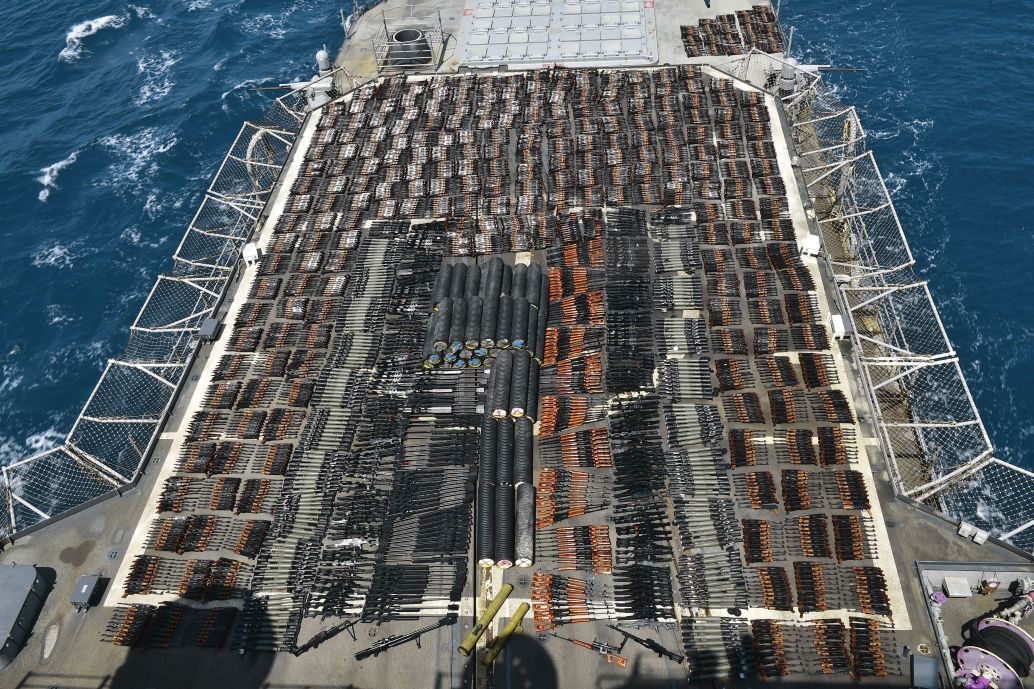 
        The seized weapons displayed on USS 
        Monterey
        ’s flight deck.
       (US Naval Forces Central Command/US 5th Fleet)